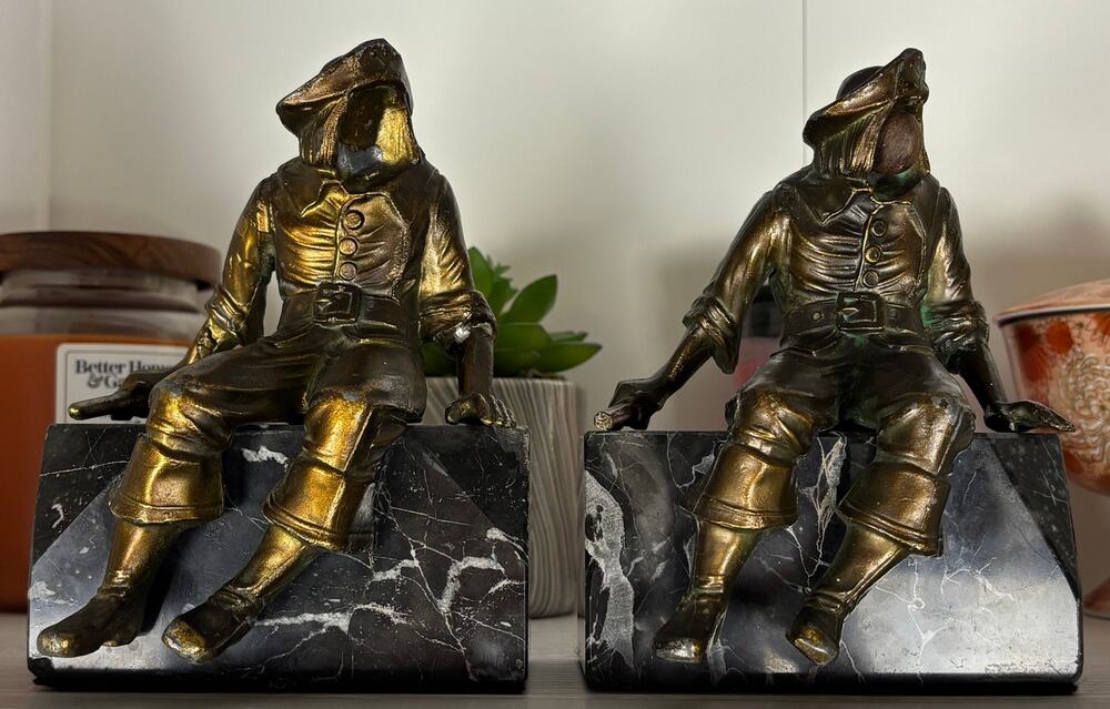 Antique 1925 J.B. Hirsch Seated Pirate Bookends Art Deco Marble Bases Pair